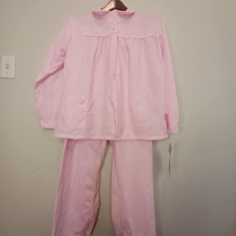 Vtg Katz W/Tags PJs Wns Lg  Pink Embroidered Flowers Eyelets PJ's 2 Piece Granny